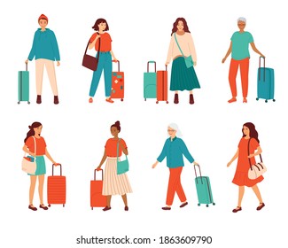 Traveling people, business trip, tourism. Collection of happy young and senior gray haired  women of diverse nationalities standing with suitcases and travel bags. Set of isolated vector illustrations