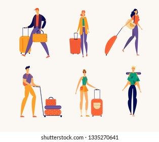 Traveling People Characters with Luggage. Man and Woman Tourists Travel with Baggage. Tourism Vacation Concept. Male Female Character with Backpack. Vector cartoon illustration