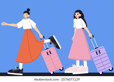 Traveling people. Cheerful people with baggage going for vacation. Modern isolated vector illustration.