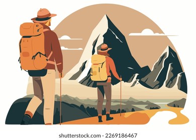 Traveling people. Climbing on mountain. Vector illustration hiking, trekking and climbing team