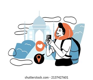 Traveling people concept. Girl in burqa photographs Taj Mahal on smartphone. Historic buildings in India. Traditions and religion, different cultures, multiethnic. Cartoon flat vector illustration