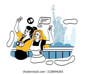 Traveling people concept. Two girls hug and take pictures against backdrop of sights. Memories and vivid impressions, objects of historical value, buildings. Cartoon flat vector illustration