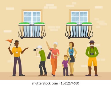 Traveling people with guide city excursion vector illustration. Family or group of tourists near house facade. Male and female tourists visit sightseeng, make photos on camera.