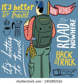 Traveling people and hand lettering with backpack, hat, flag, and coffee isolated vector illustration.