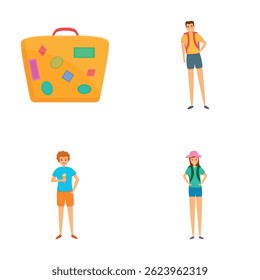 Traveling people icons set cartoon vector. People with backpack and suitcase. Summer vacation