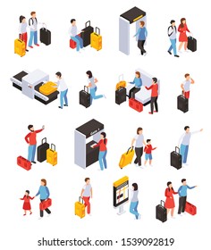 Traveling people icons set with luggage and tickets isometric isolated vector illustartion