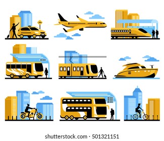 Traveling people isolated decorative elements set with passengers and different kinds of aviation water and ground transportation vector illustration 