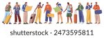 Traveling people, isolated set of passengers or travelers with maps, baggage and smartphones. Vector group of people lost in town, student with backpack, hiking and taking trip to mountains