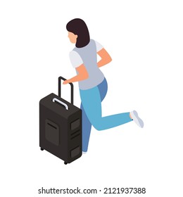 Traveling people isometric composition with isolated human character running with suitcase vector illustration