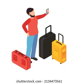 Traveling people isometric composition with isolated human character with suitcases taking selfie vector illustration