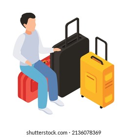 Traveling people isometric composition with isolated human character of tourist sitting on bags vector illustration