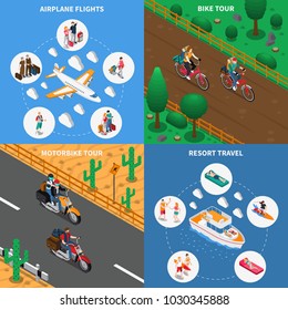 Traveling people isometric design concept with airplane flights, bicycle tour, motorbike journey, resort leisure isolated vector illustration