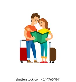 Traveling people with map reading atlas vector. Man and woman looking at printing material, baggage and luggage of travelers, tourists on vacation