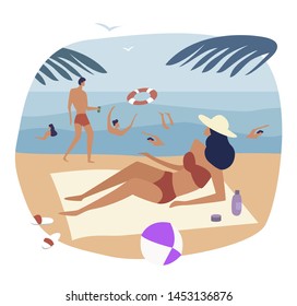 Traveling. People on summer vacation. A young girl relaxes on a sea beach. Guys swimming in the sea. Isometric vector illustration.