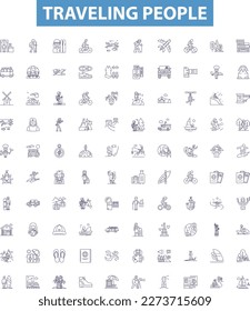 Traveling people outline icons collection. Travellers, Voyagers, Roamers, Explorers, Adventurers, Wanderers, Journeyers vector illustration set. Globetrotters,Vagabonds,Backpackers line signs