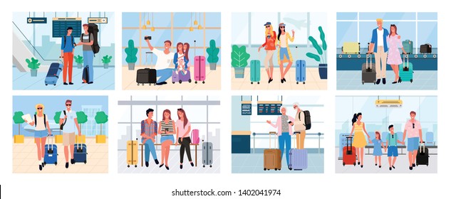 Traveling People, Senior Man And Woman, Couple With Baggage, Friends On Voyage Airport Halls And Travelers Walking Granny And Granddad Set. Tourists Going Travel On Summer Acation, Journey Or Trip