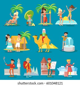 Traveling people set with tourists on vacation relaxing on beach visiting different countries and sightseeing isolated vector illustration