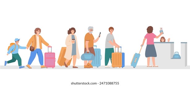 Traveling People with suitcases and bags in line at check-in. Set of Traveler departing Characters. Travel Destinations concept. Vector illustrations isolated on white background.