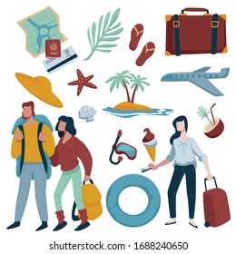 Traveling people, summer vacation items, couple and woman vector. Tickets and map, suitcase and hat, plane and island, starfish and diving mask. Cocktail and ice cream, life buoy and seashell