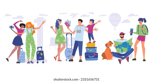 Traveling people and tourists. The characters go on hikes, excursion trips. Family at the airport with luggage waiting for the plane. Happy people travel and take pictures. Set vector illustration