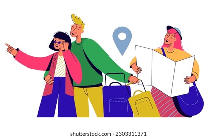 Traveling people, tourists characters. Men and women group with backpacks, luggage, map traveling abroad. Vector illustration