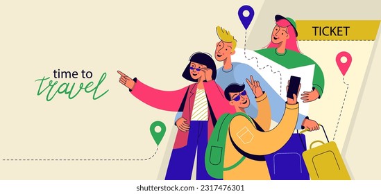 Traveling people, tourists characters. Men and women group with backpacks, luggage, map and ticket traveling. Vector illustration