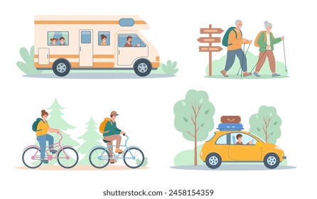 Traveling people tourists set. Different ways for people to travel. Hiking, driving, cycling and motorhome. Summer vocation concept vector illustrations isolated on white background.