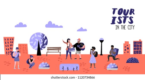 Traveling People in Trip Poster, Banner, Brochure. Tourist with Gadget Taking Photo. Woman Making Selfie. Characters Walking on Tour. Vector illustration