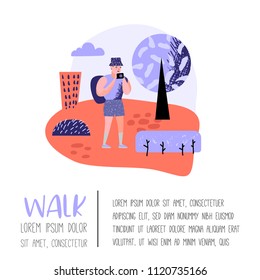 Traveling People in Trip Poster, Banner, Brochure. Tourist with Gadget Taking Photo. Characters Walking on Tour. Vector illustration