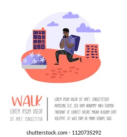 Traveling People in Trip Poster, Banner, Brochure. Tourist with Gadget Taking Photo. Characters Walking on Tour. Vector illustration