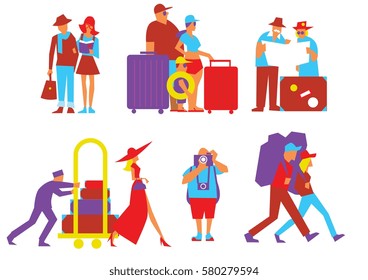 Ilustración vectorial de personas que viajan. Turista con mochila. Viajeros familiares, actividades recreativas, caminatas, aventuras. Un par de viajes. Viaje y vacaciones. Viajando en verano. Hombre con cámara