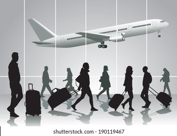 Traveling People Walking At Airport. Vector Illustration