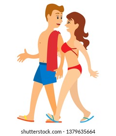 Traveling people wearing swimming suits vector, couple on vacation relaxing together. Woman and man with adventurous lifestyle. Happy travelers strolling