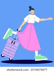 Traveling person. Cheerful woman with baggage going for vacation. Modern isolated vector illustration.