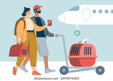 Traveling with Pets by the airplane. Young couple with  pet carriers is ready for flight. Flat vector illustration