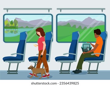 Viajando con mascotas. Un gato en un vehículo y un perro en un bozal y en una correa durante un viaje en tren. Ilustración vectorial.