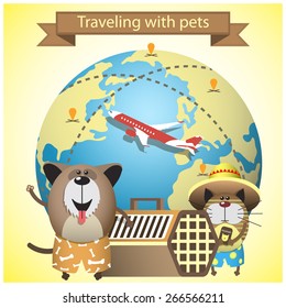 Traveling with pets on airlines. Vector illustration with pets, kennel and earth globe