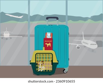 Traveling with pets. A suitcase and a dog carrier, a ticket and a veterinary passport. Vector illustration.