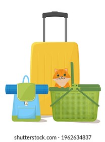 Viajando con mascotas. Maletas, mochila y portador de gatos. A   gato en un portador. Ilustración vectorial aislada en fondo blanco.