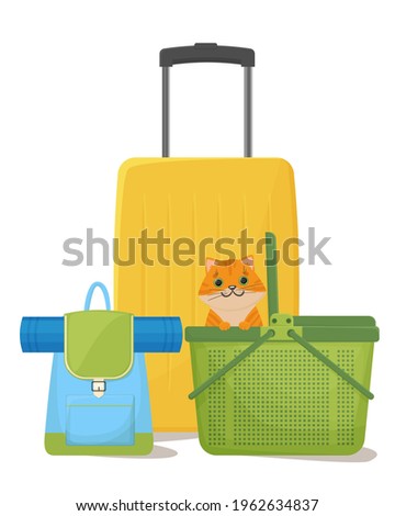 Traveling with pets. Suitcases, backpack and cat carrier. A   cat in a carrier . Vector illustration isolated on white background.