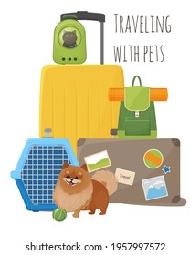 Traveling with pets. Suitcases, backpack and dog carrier. A happy dog ​​next to a cage for transporting a cat in a carrier backpack. Vector illustration isolated on white background.