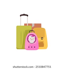 Traveling with pets. Vector illustration includes travel suitcases, box, backpack and pet carrier with a cat inside. Perfect for travel themed projects and materials. Flat style. Isolated background.