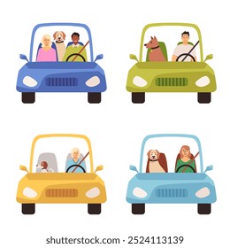 Traveling with pets. Vector illustration is a set of characters of different genders enjoying a road trip with a dog in cars. Flat cartoon style on an isolated background.