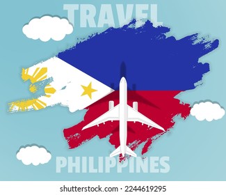 Viajando a Filipinas, avión de pasajeros de primera vista en la bandera de Filipinas con nubes y clima, idea de banner de turismo de país, diseño de vectores, salpicaduras de pincel