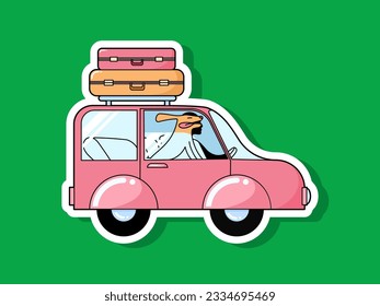 Traveling in a pink car with a dog. Suitcases on the roof of the car. Vector flat sticker on a green background.
