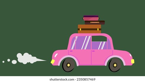 Traveling in a pink car. Suitcases on the roof of the car. Vector flat sticker on a green background