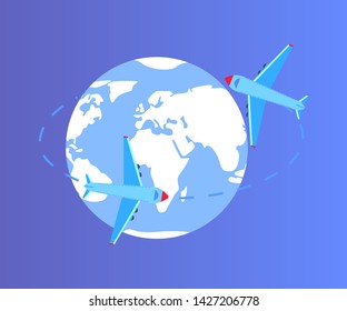Traveling plane vector, isolated globe planet Earth with oceans and continents flat style with lines, aircrafts flying around world map, shipment delivery