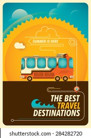 Traveling poster with bus. Vector illustration.
