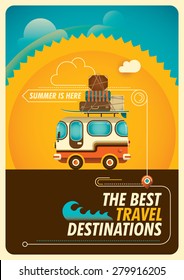 Traveling poster with van. Vector illustration.