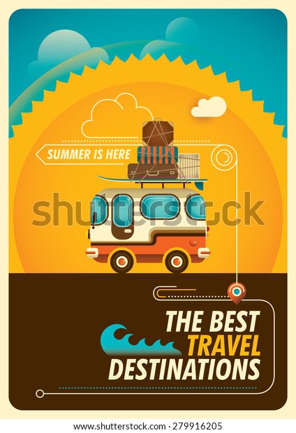 Traveling poster\
with van. Vector\
illustration.